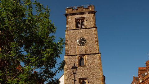 ST ALBANS, circa 2021 - Wide view of St Albans clock tower in Hertfordshire, England, UK, built in 1405, the only remaining medieval town belfry in England