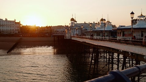 EASTBOURNE, circa 2021 - Wide view of the Eastbourne beach in East Sussex, England, UK, a fashionable tourist seaside resort, to the east of Beachy Head