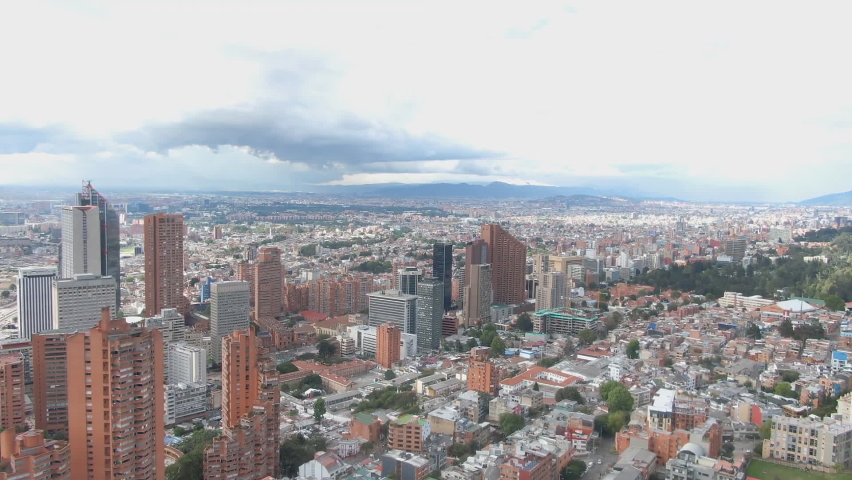 Bogota is the capital of Colombia, a large metropolis located high above sea level. Central area of Bogota, La Candelaria. (aerial view)