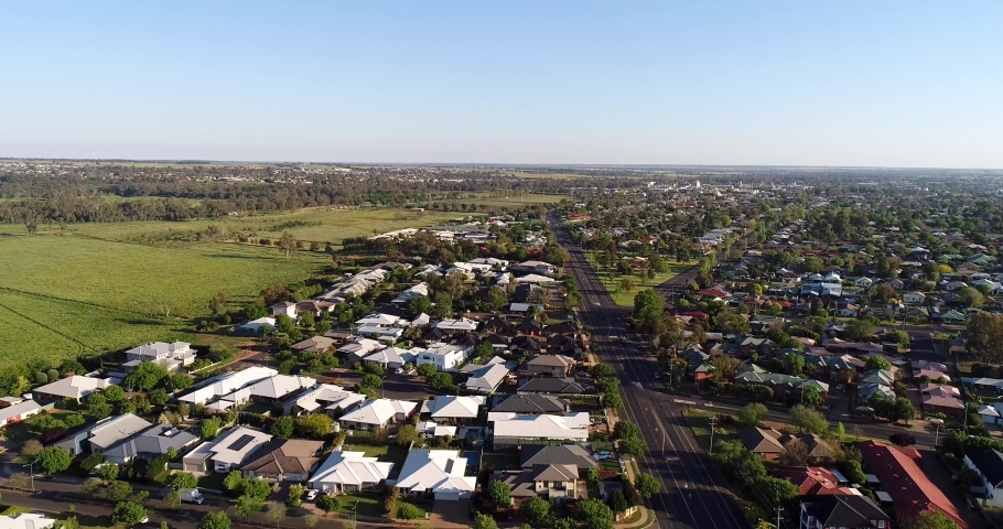 Rural suburbs of Dubbo town – aerial landing over streets and houses as 4k.
 Royalty-Free Stock Footage #1075660685