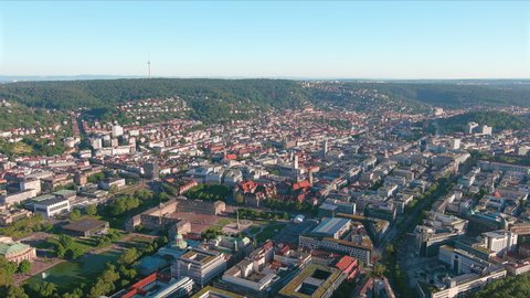 Stuttgart: Aerial view of city in Germany at sunset, center of city with mixture of modern and historic buildings, square Schlossplatz   - landscape panorama of Europe from above