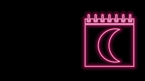 Glowing neon line Moon phases calendar icon isolated on black background. 4K Video motion graphic animation.