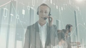 Animation of statistics recording over business people using phone headsets. global communication, business, digital interface, technology and networking concept digitally generated video. - Powered by Shutterstock - Get 15% off with code: PIKWIZARD15
