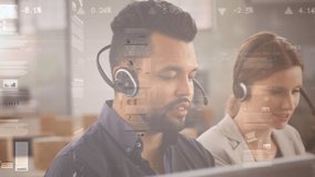 Animation of statistics and data processing over business people wearing phone headset. business, connection, technology and digital interface concept digitally generated video.