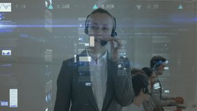 Animation of statistics recording over business people using phone headsets. global communication, business, digital interface, technology and networking concept digitally generated video.