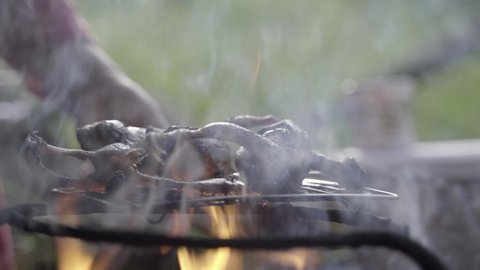 Three quail are seared on smoky open outdoor chulha fire in Manipur