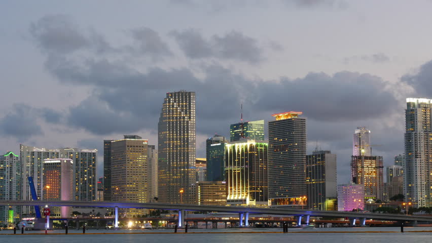 sunset night light miami downtown panorama gulf bridge 4k time lapse florida usa