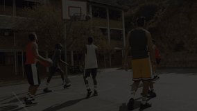 Animation of human body spinning and scopes scanning over basketball game. global sports, science, digital interface and technology concept digitally generated video.
