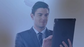 Animation of 6g text, scope scanning and data processing over businessman using tablet. global technology, data processing, connections and digital interface concept digitally generated video. - Powered by Shutterstock - Get 15% off with code: PIKWIZARD15