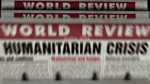 Humanitarian crisis news, famine and hunger disaster. Newspaper printing press concept. Retro 3d rendering animation.