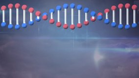 Animation of network of connections with dna strand over blue background. connection, technology and digital interface concept digitally generated video.