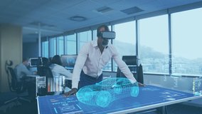 Animation of clock and rising data processing over man in vr headset working in office. business and digital interface technology digitally generated video.