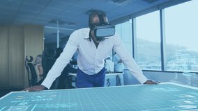 Animation of clock and moving contour lines over man in vr headset working in office. business and digital interface technology digitally generated video.
