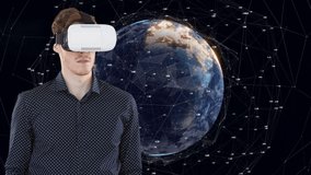 Animation of clock and statistics processing over man using vr headset. business, data processing, connection, technology and digital interface concept digitally generated video.