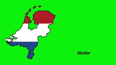 Animation of Netherlands flag on Map. Drawing on a green screen background. The Netherlands, informally Holland, is a country located in Western Europe with territories in the Caribbean.