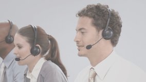 Animation of statistics and data processing over business people wearing phone headsets. business, connection, technology and digital interface concept digitally generated video.
