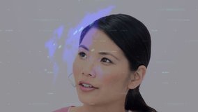 Animation of statistics and data processing over businesswoman wearing phone headset. business, connection, technology and digital interface concept digitally generated video.