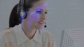 Animation of statistics and data processing over businesswoman wearing phone headset. business, connection, technology and digital interface concept digitally generated video.