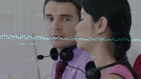 Animation of statistics and data processing over business people wearing phone headsets. business, connection, technology and digital interface concept digitally generated video.