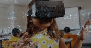 Animation of mathematical equations over schoolchildren using vr headsets. global education, technology and connections concept digitally generated video.