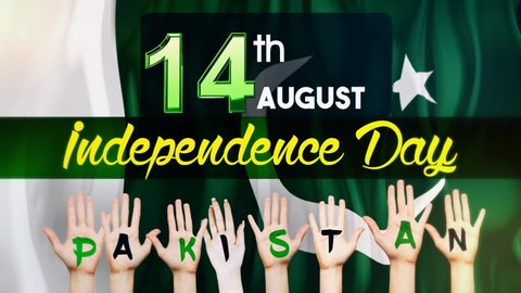 Pakistan Independence Day Pakistan flag is waving 3D animation. Pakistan flag waving in the wind. with waving hand arranging word Pakistan 14  August