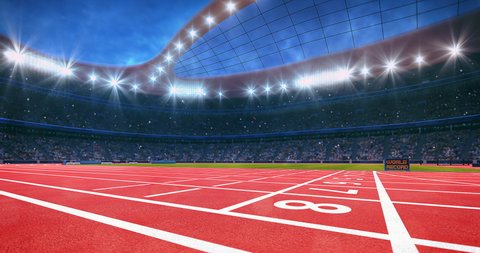 Athletic sport stadium full of fans and racing track with finish line. 
Professional sport 4k video for advertisement background.