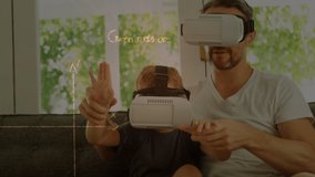 Animation of mathematical drawings and equations over father and son wearing vr headsets. global connections, digital interface and technology concept digitally generated video. - Powered by Shutterstock - Get 15% off with code: PIKWIZARD15
