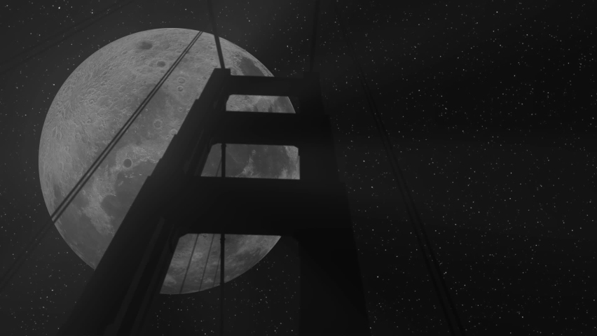 Golden Gate Bridge San Francisco And Moon. 3d Animation