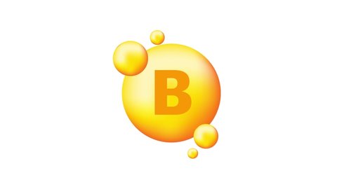 Vitamin B with realistic drop on gray background. Particles of vitamins in the middle. Motion graphics.
