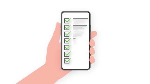 Hand holds phone with check list on screen on green background. Motion graphics.