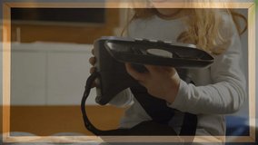 Animation of mathematical drawings and equations over toddler wearing vr headset. global connections, digital interface and technology concept digitally generated video.