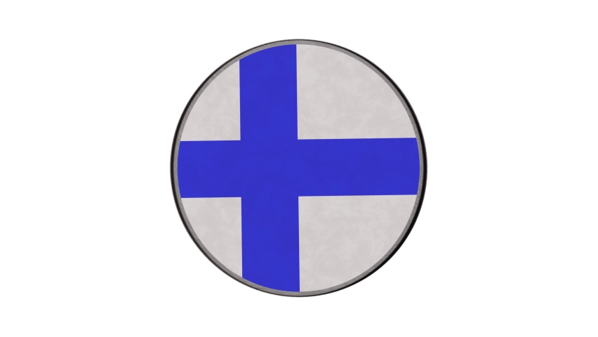 Realistic looping 3D animation of the Finland national flag label ice hockey puck rendered in UHD with alpha matte