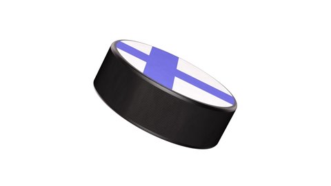 Realistic looping 3D animation of the Finland national flag label ice hockey puck rendered in UHD with alpha matte