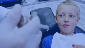 Animation of networks of connections with icons over boy in dentist chair. global medicine, connections and technology concept digitally generated video.