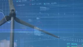 Animation of financial data processing and binary coding over wind turbine. global environment, ecology, finances, business, digital interface and technology concept digitally generated video. - Powered by Shutterstock - Get 15% off with code: PIKWIZARD15
