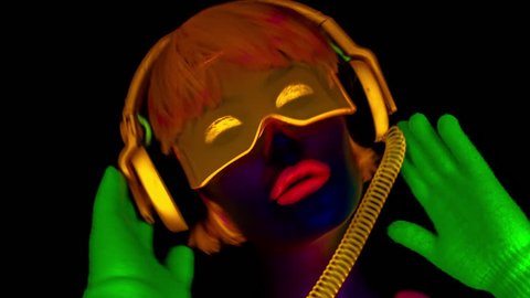 4k fantastic video of sexy cyber raver dancer babe filmed in fluorescent clothing under UV black light