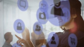 Multiple digital icons and data processing over businesswoman wearing vr headset at office. global business and futuristic technology concept - Powered by Shutterstock - Get 15% off with code: PIKWIZARD15