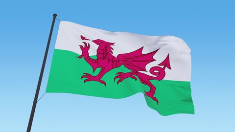 Welsh flag video. 3d ensign of Wales loop footage at day light blowing close up in Ultra HD 4k resolution, 30 FPS on blue sky background with copy space.