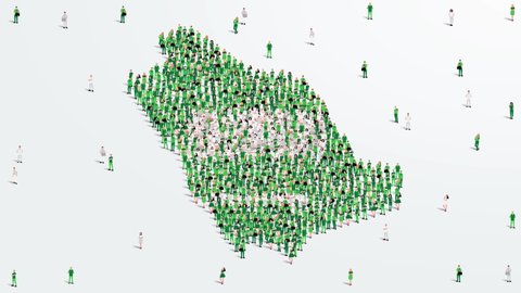 Saudi Arabia Map and Flag. A large group of people in KSA flag color form create the map. 4K Video Animation.