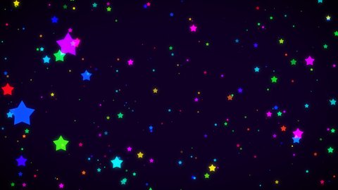 Beautiful cute multi-colored star particles in flat style flying through the camera. light glowing shimmer radiance. Digital Art. Computer animation. Modern background. motion design. Loopable. LED.4K