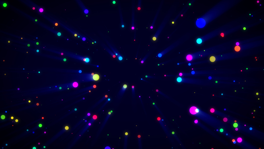 Beautiful multi-colored circle particles in flat style flying through the camera. light ray glowing shimmer radiance. Digital Art. Computer animation. Modern background. motion design. Loopable.LED 4K