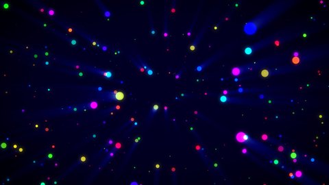 Beautiful multi-colored circle particles in flat style flying through the camera. light ray glowing shimmer radiance. Digital Art. Computer animation. Modern background. motion design. Loopable.LED 4K