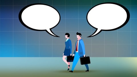 Two cartoon businessmen man and woman characters walking and speaking dialogue. Business conversation bubble speech. Business people couple animated version. 