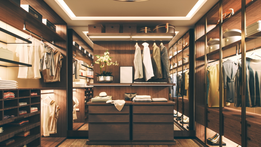 Modern Luxurious Walk-In Closet Interior Royalty-Free Stock Footage #1075720745