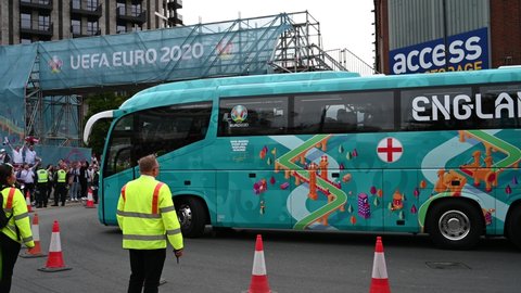 Wembley, London, UK - July 11 2021: England Coach arrives at Wembley Stadium ahead of the Euro 2020 Final