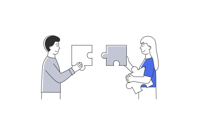 Teamwork concept. Young smiling business people man and woman putting together jigsaw puzzle on background of spinning gears and flying paper plane. Abstract metaphor. Animated cartoon doodle concept