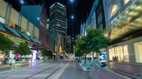 Melbourne, Australia - Jul 8, 2021: Hyperlapse video of walking along Bourke Street Mall in Melbourne CBD at night