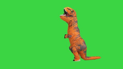 Girl playing basketball with a man in dino costume on a Green Screen, Chroma Key.