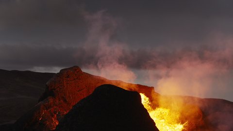 Medium Slow Motion Shot Of Red Hot Lava Erupting From Fagradalsfjall Volcano In Reykjanes Peninsula, Iceland