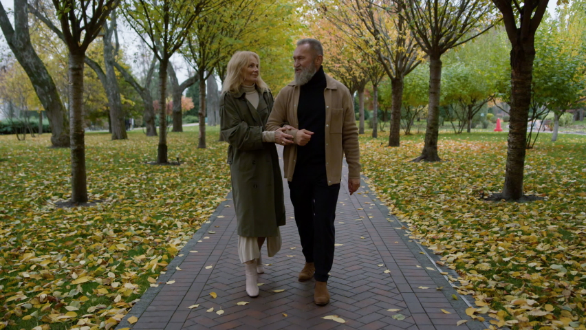 Charming elderly man and beautiful woman looking each other in autumn park. Happy married couple walking along foliage fall path. Smiling lovers enjoying together outdoors. Royalty-Free Stock Footage #1075734803